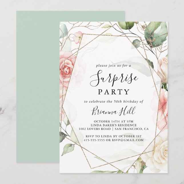 Invitation Folio vert géométrique Gold Folial Surprise Party (Devant / Derrière)