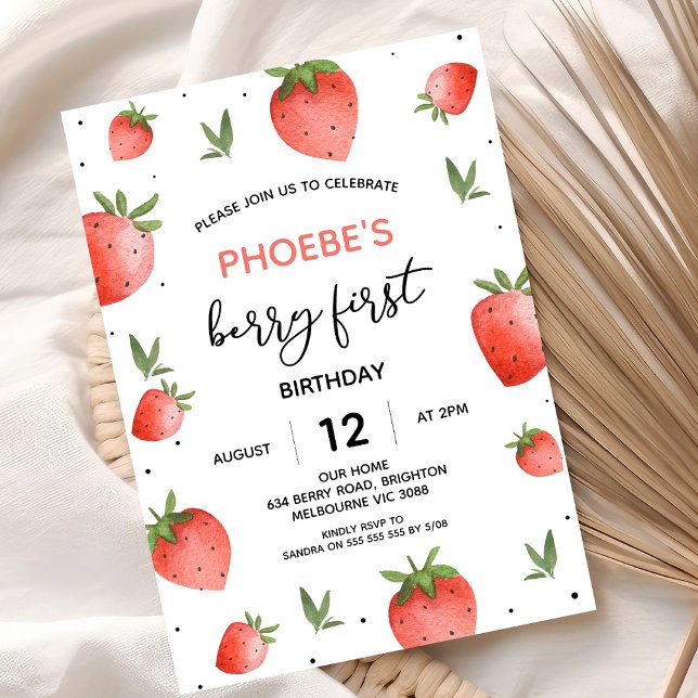 Invitation Foliole de fraises rouges Berry Premier anniversai (Girls Berry First Birthday Invitation, Modern Strawberry First Birthday Invitation, Summer Berries)
