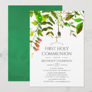 Invitation Folion de printemps d'aquarelle Première communion