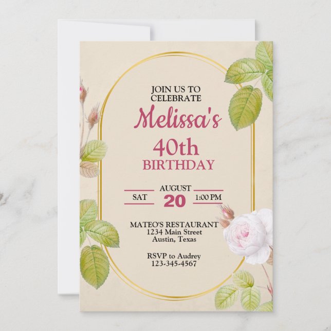 Invitation Folithe en cadre or et floral Anniversaire (Devant)