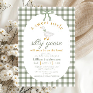 Invitation Folle Oie Vert Gingham Arc Neutre Baby Shower