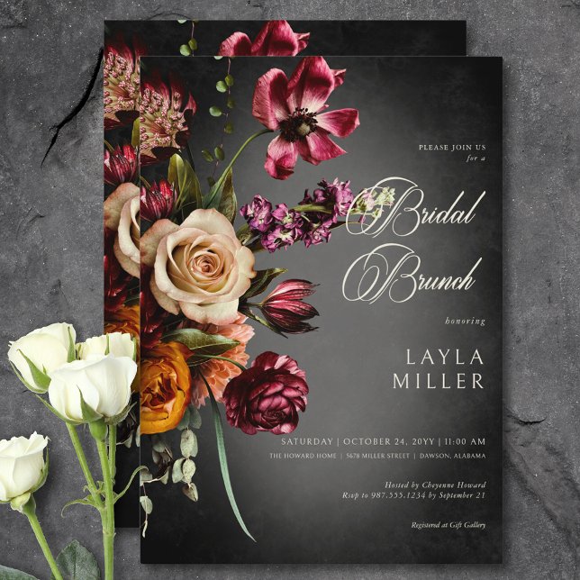 Invitation Foncé Elégant Blur Automne Floral Bridal Brunch (Dark Elegant Blur Autumn Floral Bridal Brunch Invitation)