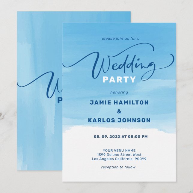 Invitation Fond aquarelle bleu ciel et typographie élégante (Devant / Derrière)