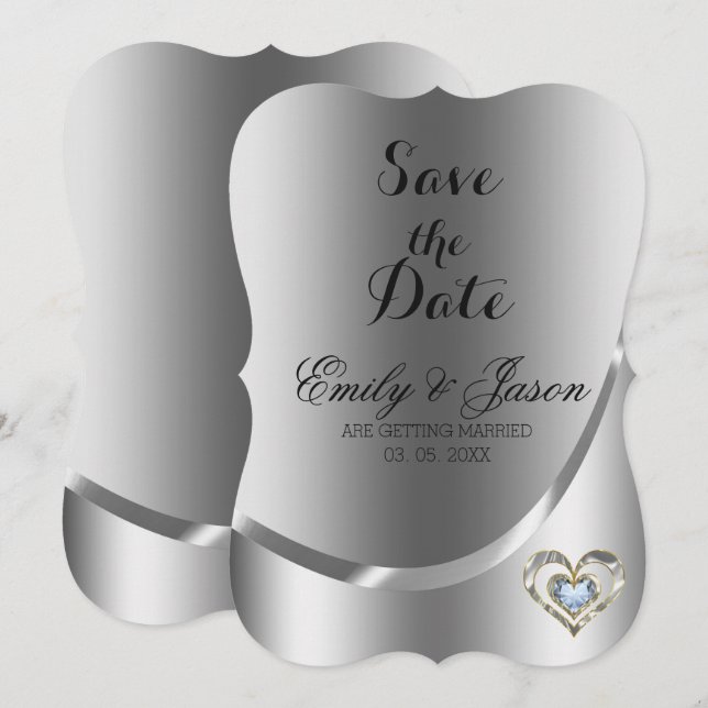 Invitation Fond argenté et cœur de diamants - Sauvegarder la  (Devant / Derrière)