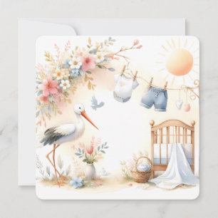 Invitation Fond bébé pastel doux avec cigogne et vêtements de