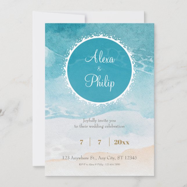 Invitation Fond de mariage à l'aquarelle de plage, océan (Devant)