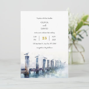 Invitation Fond en bois rustique Gulls Ocean View Beach Weddi