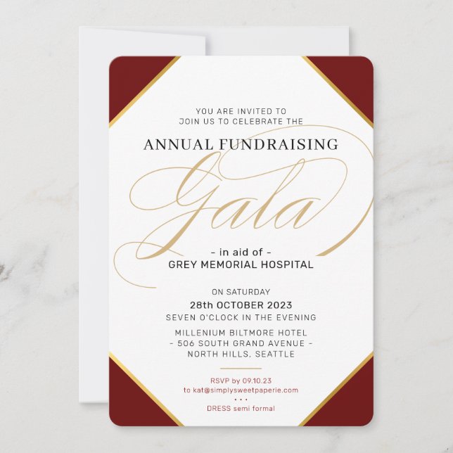 Invitation FONDATION GALA BALL événement élégant or bordeaux (Devant)