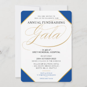 Invitation FONDEMENT GALA élégant événement royal bleu or