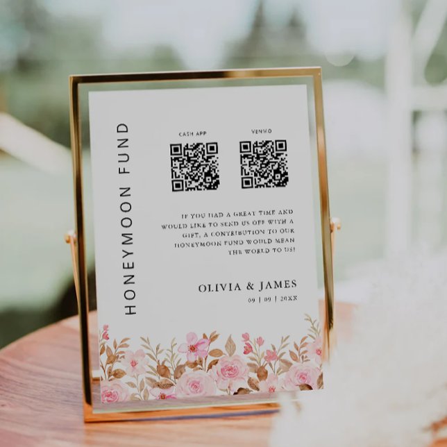 Invitation Fonds Lune de Miel QR Code Rose, Mariage (Honeymoon Fund QR Code Rose, Wedding Invitation)