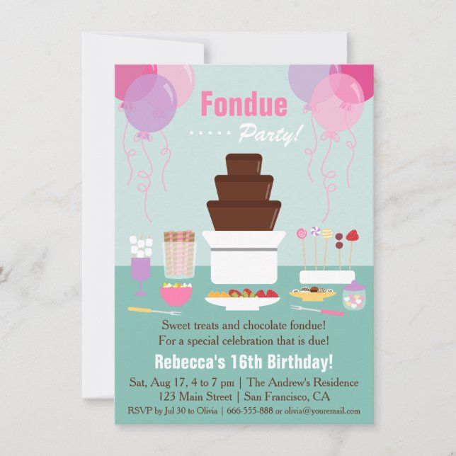 Invitation Fondue de chocolat Filles Fête d'anniversaire (Devant)