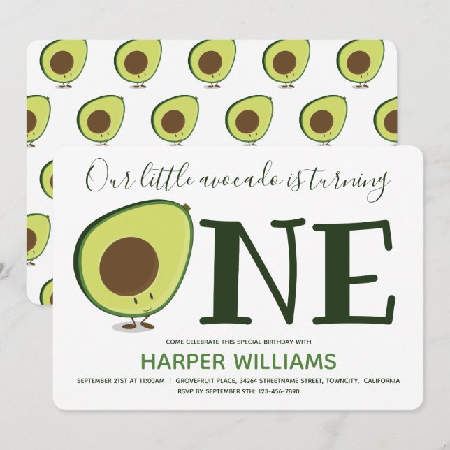 Invitation Food One Cute Avocado 1er anniversaire (Devant / Derrière)