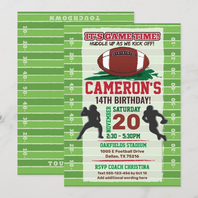 Invitation Football américain NFL Enfants ou Adulte Anniversa (Devant / Derrière)