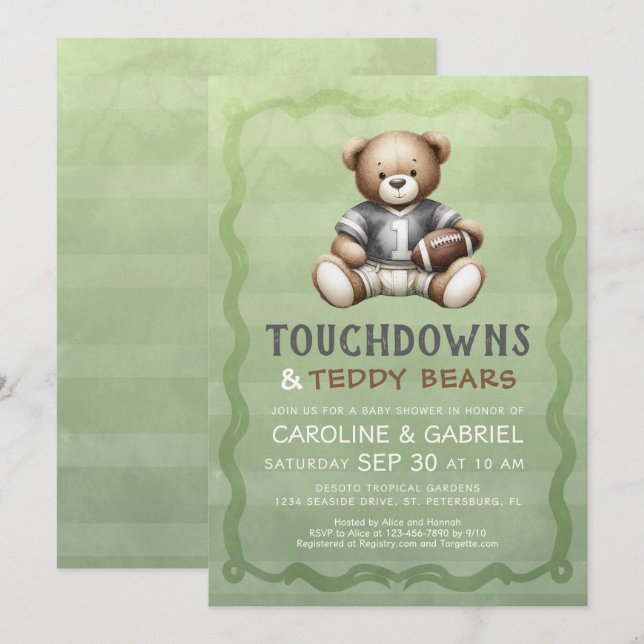 Invitation Football Bear Baby Shower (Devant / Derrière)