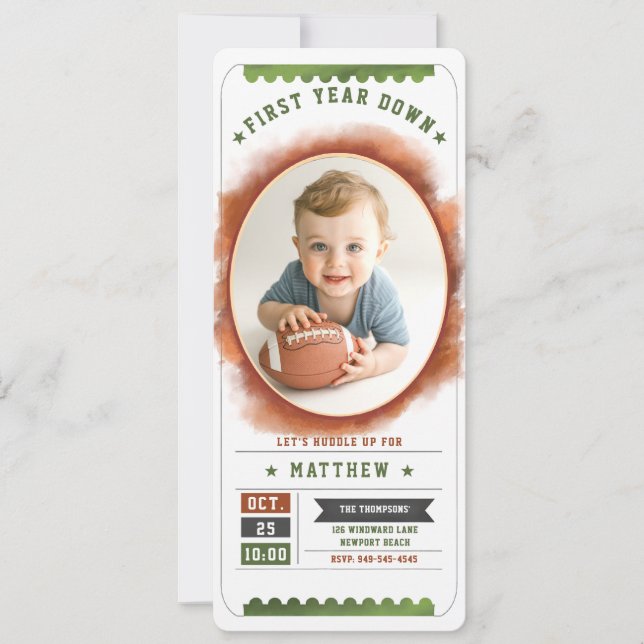 Invitation Football Billet Sports Cute Photo Boy 1er Annivers (Devant)