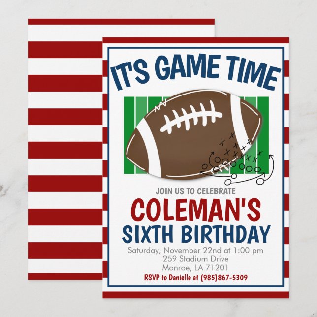 Invitation Football Birthday ANY COLOR COMBO (Devant / Derrière)