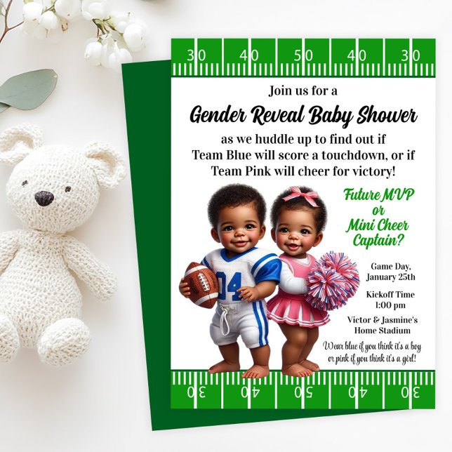 Invitation Football et Pom-pom girl de la révélation de genre (Football and Cheerleader gender reveal invitation with adorable babies.)