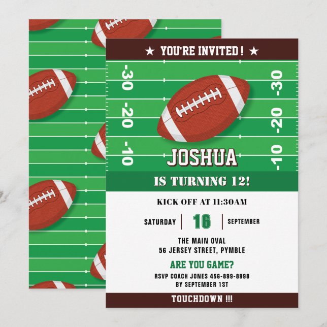 Invitation Football Green Black fête d'anniversaire (Devant / Derrière)