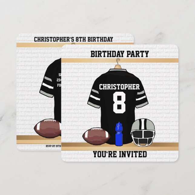 Invitation Football noir et gris Jersey Birthday Party (Devant / Derrière)