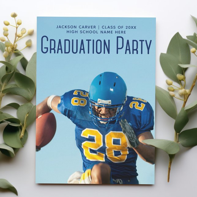 Invitation Football Player Photo Blue Script Graduation Party (Créateur téléchargé)
