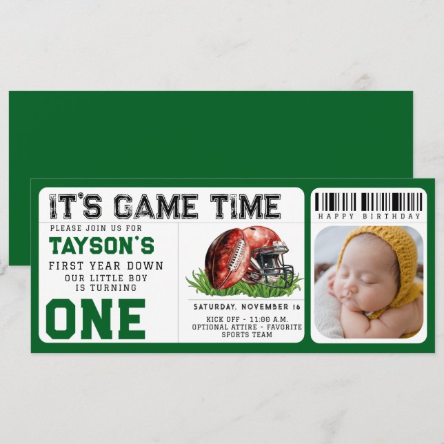 Invitation Football première année bas 1er anniversaire Bille (Devant / Derrière)