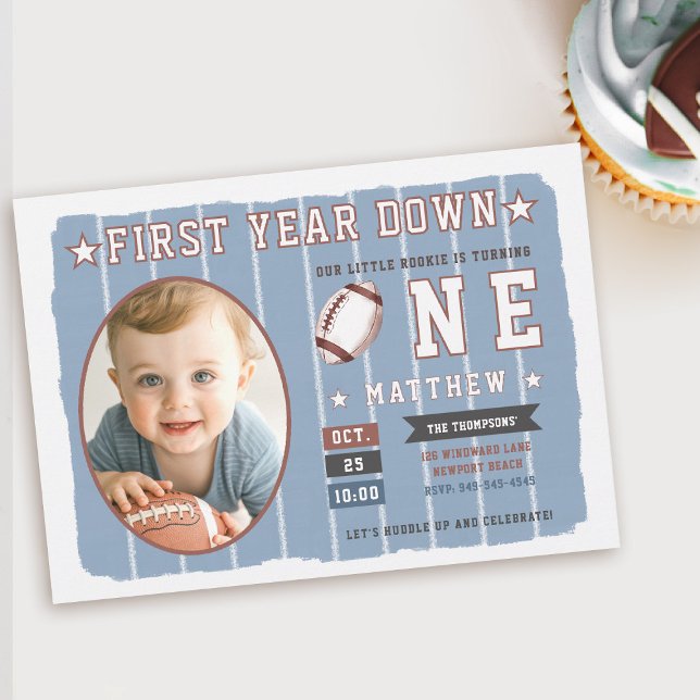 Invitation Football Première année Down Stripes Garçon 1er an (first year down football birthday invitation photo sports boy blue white 1st party invite cute)