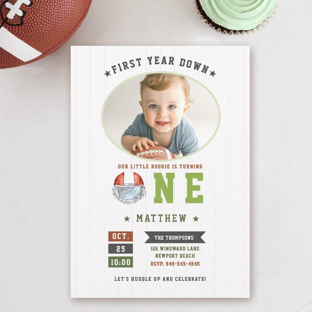 Invitation Football Sports première année bas garçon 1er anni (first year down football birthday invitation photo sports boy green boy 1st party)