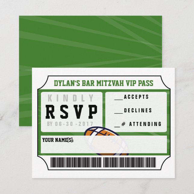 Invitation Football VIP REPONSE CARD Bar Bat mitzvah Invitati (Devant / Derrière)