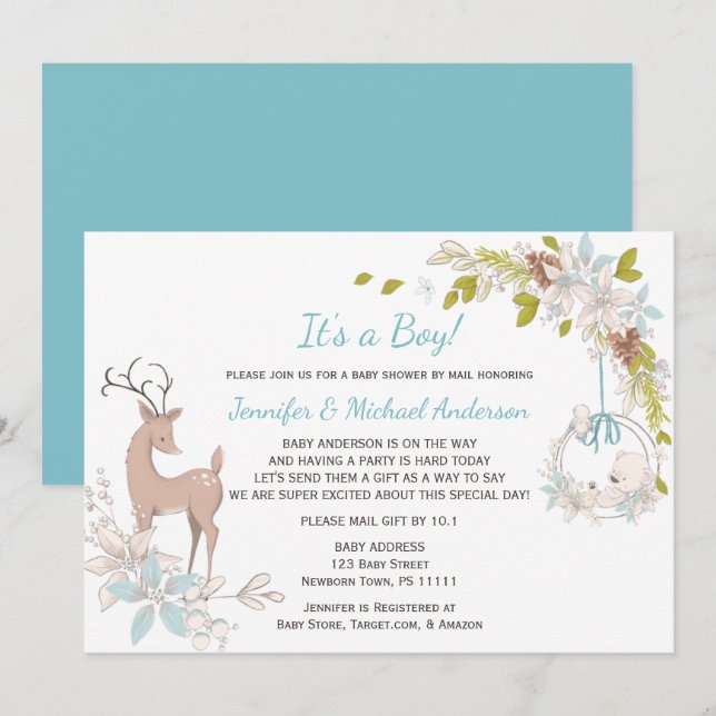 Invitation Forest Blue Boy Bear Deer Baby shower Par Mail (Devant / Derrière)