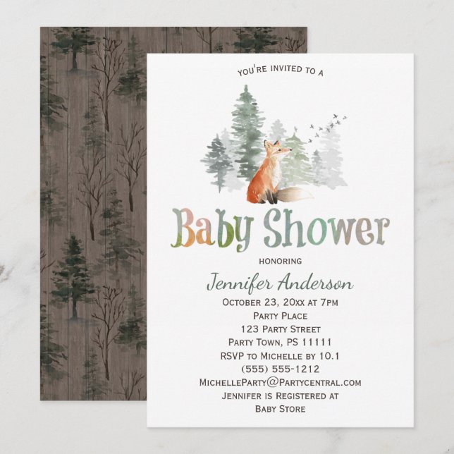 Invitation Forest Country Fox Baby shower (Devant / Derrière)