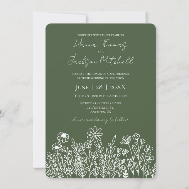 Invitation Forest Green Dark Fleur sauvage simple Mariage (Devant)
