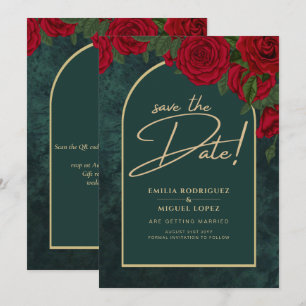Invitation Forest Green Gold RED Roses hiver ÉCONOMISER LA DA