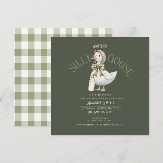 Invitation Forest Green Silly Goose neutral  Baby Shower  (Devant / Derrière)