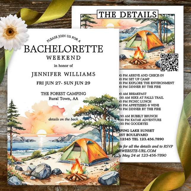 Invitation Forest Lake Camping Bachelorette Week-end (Bachelorette weekend itinerary invitation featuring a watercolor forest with lake, tent and campfire)