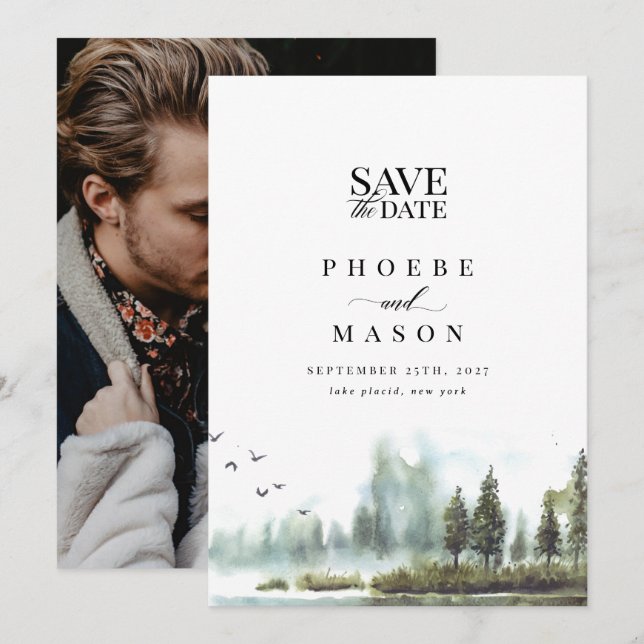Invitation Forest Lake Woodland Mariage Photo Enregistrer la  (Devant / Derrière)
