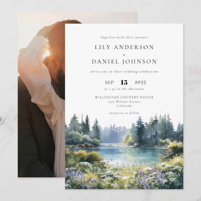 Invitation Forest Lakeside Wildflowers Floral Photo Wedding (Devant / Derrière)