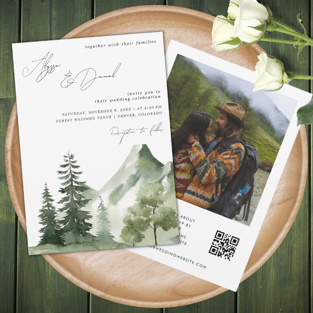 Invitation Forest Mountains Script moderne QR Code Mariage (Créateur téléchargé)