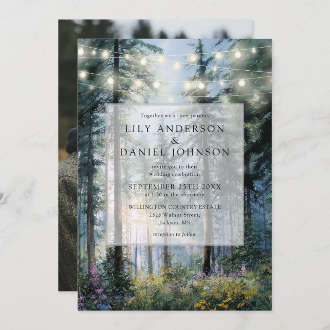 Invitation Forest String Lights Floral Rustic Wedding Photo (Devant / Derrière)