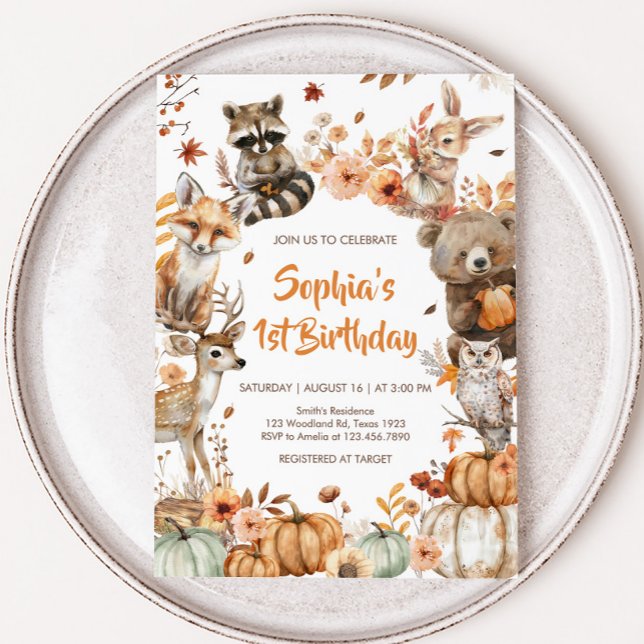 Invitation Forest Woodland Animaux Citrouilles fête d'anniver (Forest Woodland Animals Pumpkin Birthday Party Invitation)