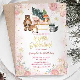 Invitation Forêt animale Pink Winter Onederland Anniversaire
