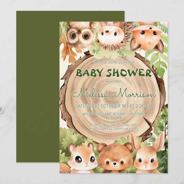 Invitation Forêt Animaux Nature Bois Bébé Garçon Douche (Devant / Derrière)