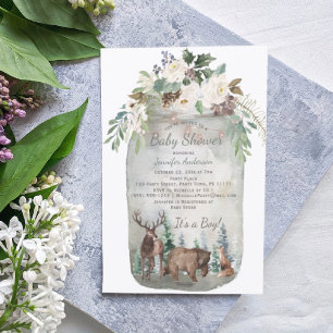 Invitation Forêt Bois Animaux Baby shower Mason Jar
