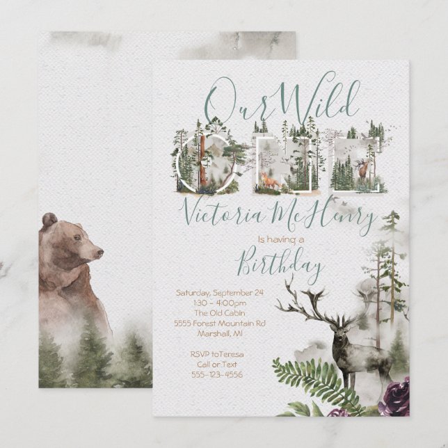 Invitation Forêt Bois Aquarelle Sauvage Une fête d'anniversai (Devant / Derrière)