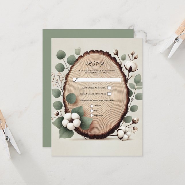 Invitation Forêt Bois Eucalyptus Coton Mariage rustique RSVP (Devant/Arrière en situation)