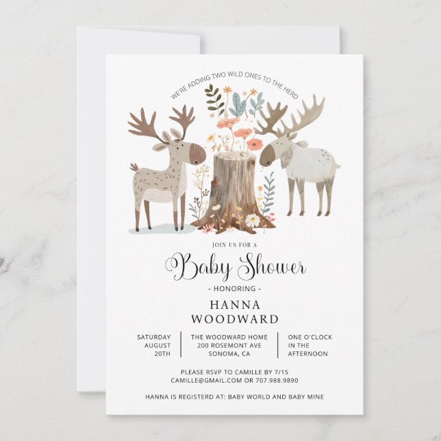 Invitation Forêt boisée Animaux Jumeaux Baby shower (Devant)