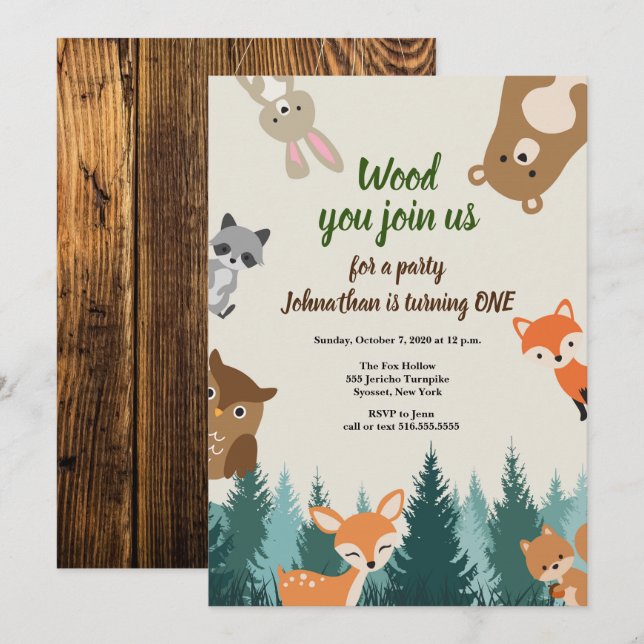 Invitation Forêt boisée Animaux La verdure 1er anniversaire (Devant / Derrière)