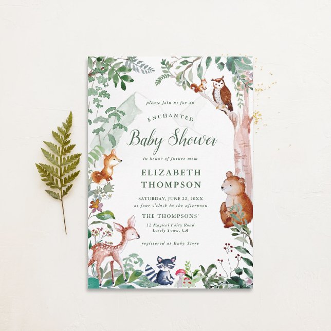 Invitation Forêt boisée enchantée Baby shower neutre mignon (woodland baby shower invitation neutral enchanted forest bear fox deer magical woods fairy tale)