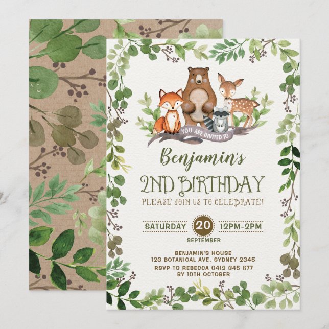 Invitation Forêt boisée et verdure Animaux 2e anniversaire (Devant / Derrière)