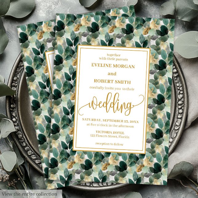 Invitation Forêt classique Green Gold Foliage mariage invite (Classic Forest Green Gold Foliage Wedding Invitation)