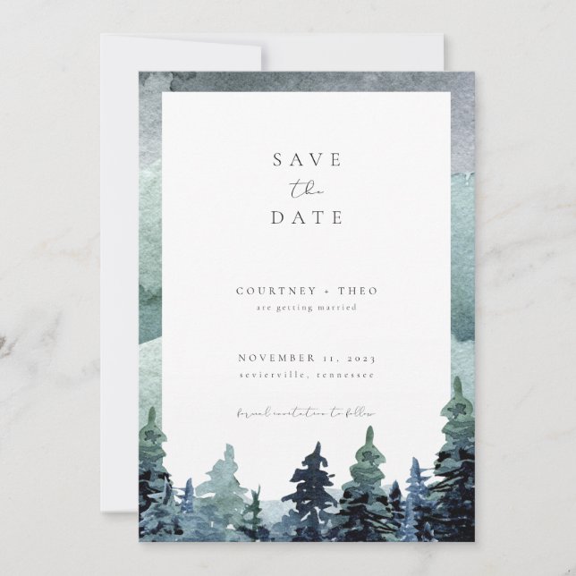 Invitation Forêt d'aquarelle Sauvez la date Bois vert (Devant)